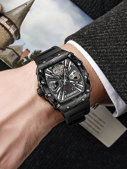 man wearing MUSANFIGO MF04 large tonneau skeleton watch - casual business outfit for daily wear