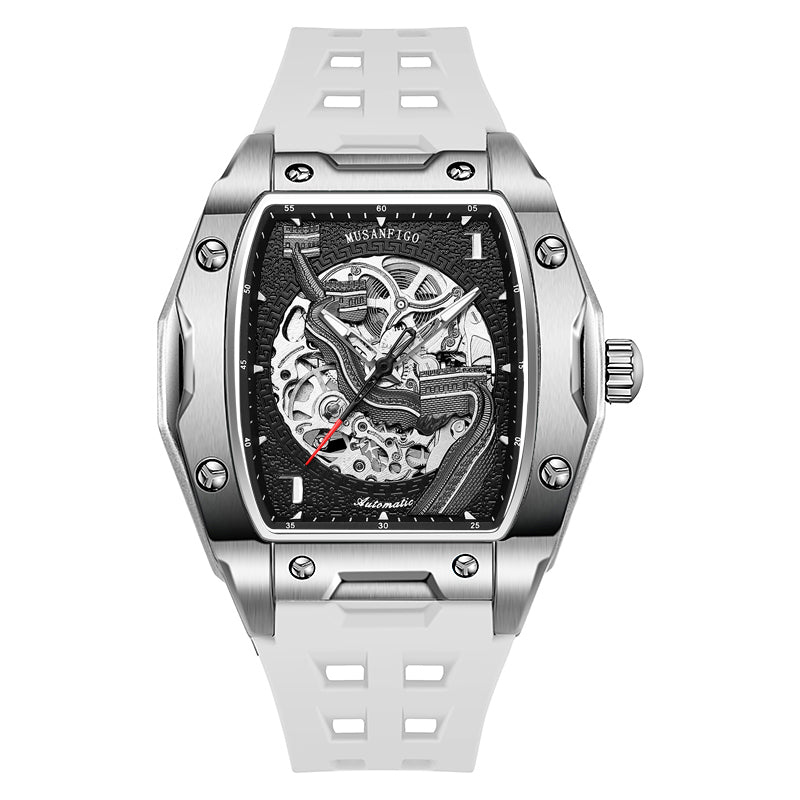 MUSANFIGO MF03 square tonneau skeleton automatic watch for men - front view of exposed movement and square case