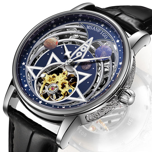 MUSANFIGO MG02 round automatic skeleton watch for men - front view of clean minimalist dial and exposed movement