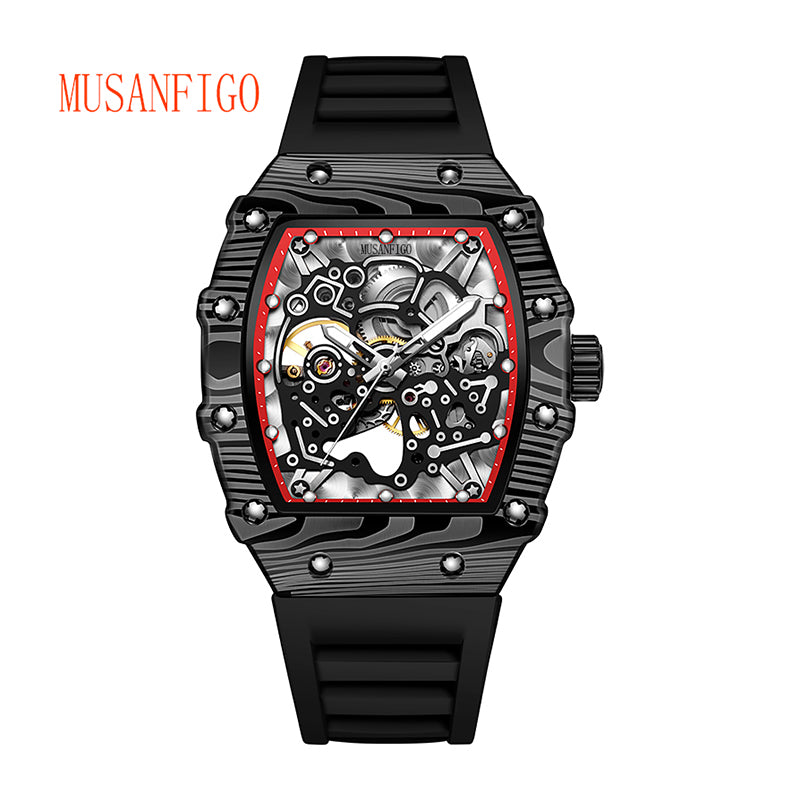 MUSANFIGO MF06 tonneau skeleton automatic watch for men - front view of large 2.16 inch case and exposed movement