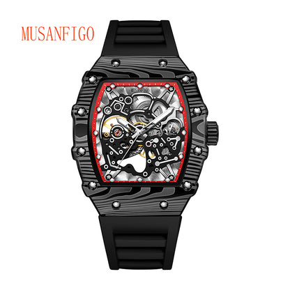 MUSANFIGO MF06 tonneau skeleton automatic watch for men - front view of large 2.16 inch case and exposed movement