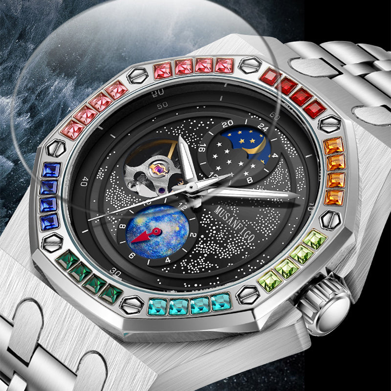 MUSANFIGO MG03 Moon Phase Automatic Watch – 1.65 Inch Round Mechanical Timepiece for Men, Stainless Steel Strap