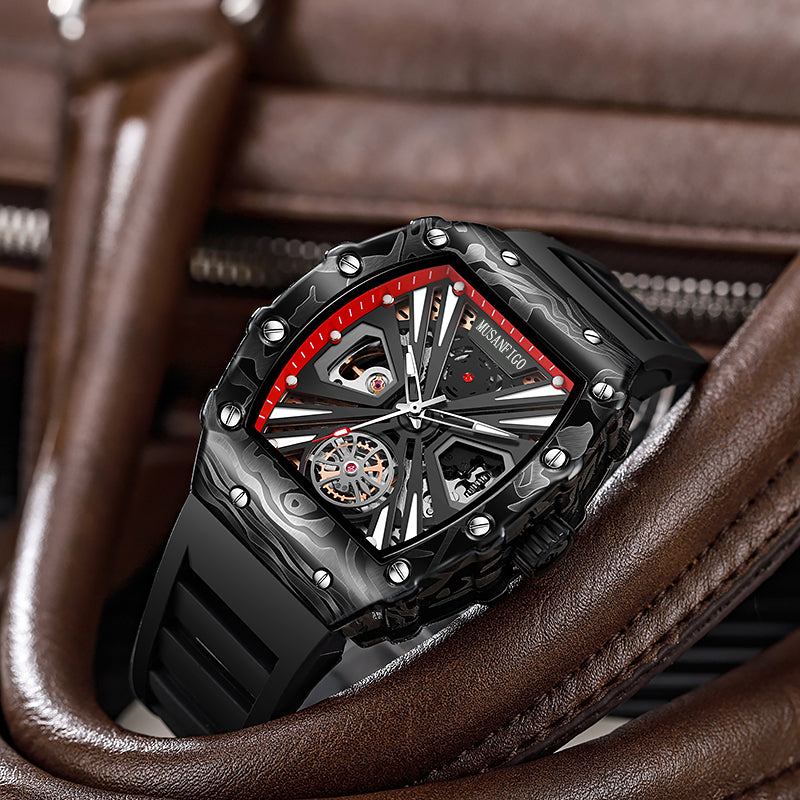 MUSANFIGO Tonneau Skeleton Watch MF04 – 2.2 Inch Large Automatic Mechanical Timepiece for Men, Silicone Strap