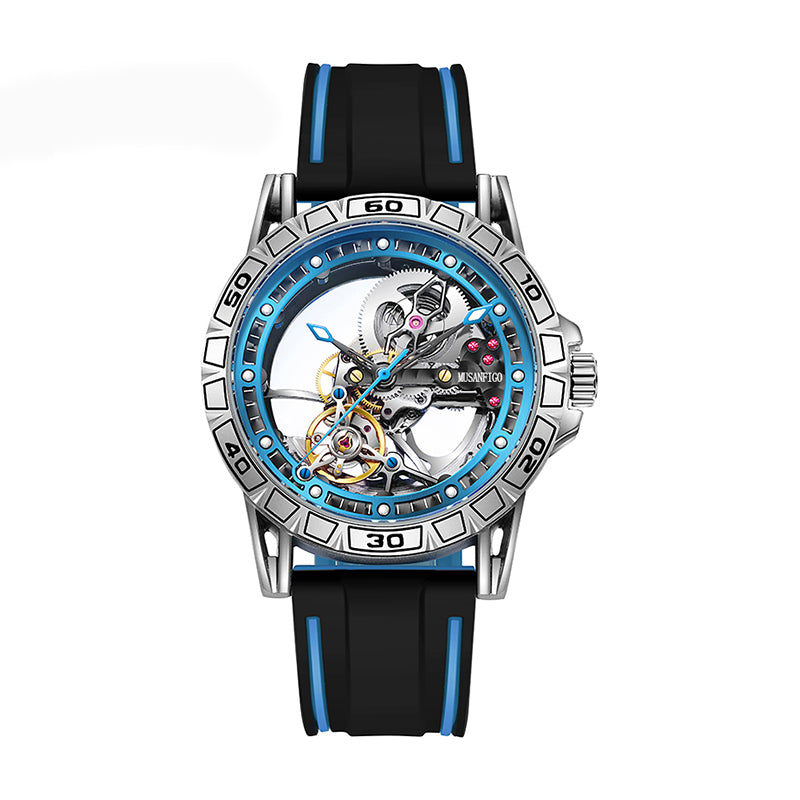 MUSANFIGO MG04 skeleton dive watch for men - front view of massive 2.55 inch round case and exposed movement