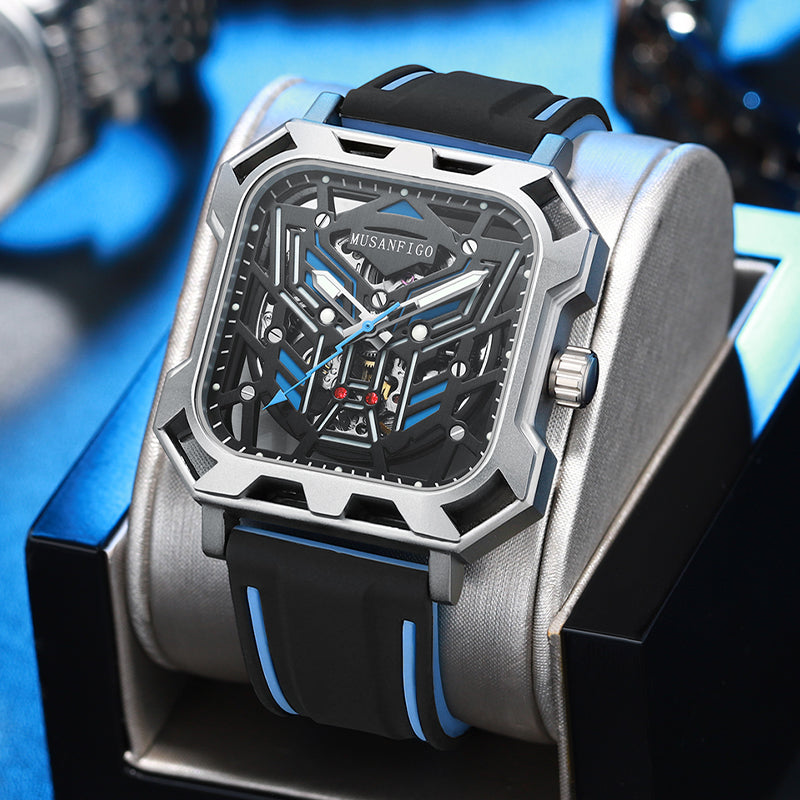 MUSANFIGO MF07 square skeleton automatic watch for men - front view of 1.96 inch square case and exposed movement