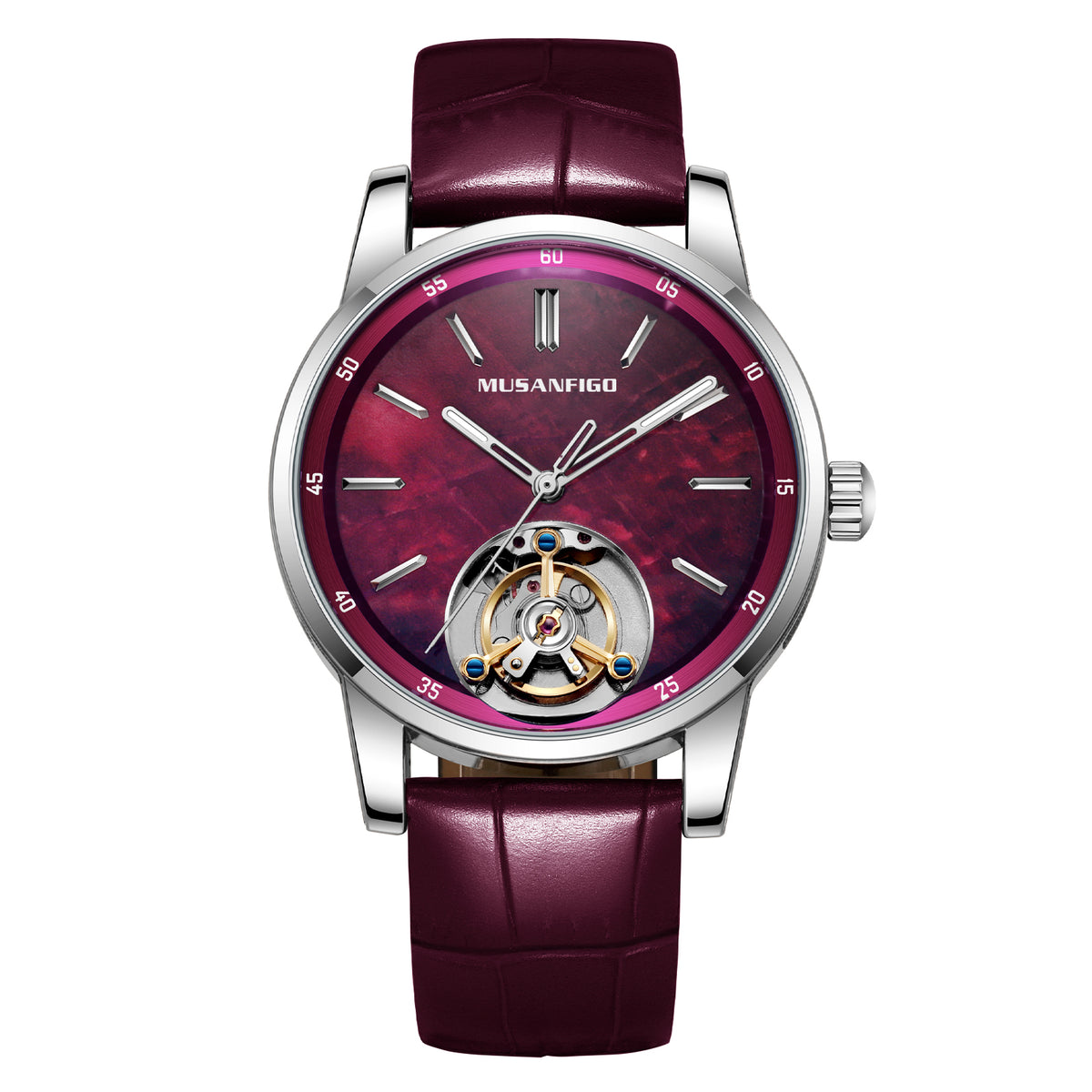 MUSANFIGO MG05 CATHEDRAL round skeleton automatic watch, burgundy dial with open balance wheel at 6 o'clock, stainless steel case and leather strap