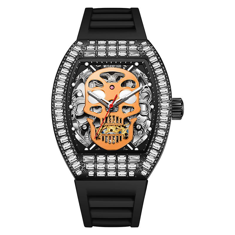 MUSANFIGO MF05 skull skeleton automatic watch for men - front view of large 2.24 inch case with skull design and exposed movement