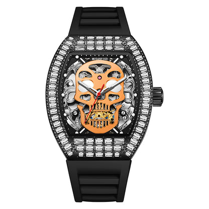 MUSANFIGO MF05 skull skeleton automatic watch for men - front view of large 2.24 inch case with skull design and exposed movement