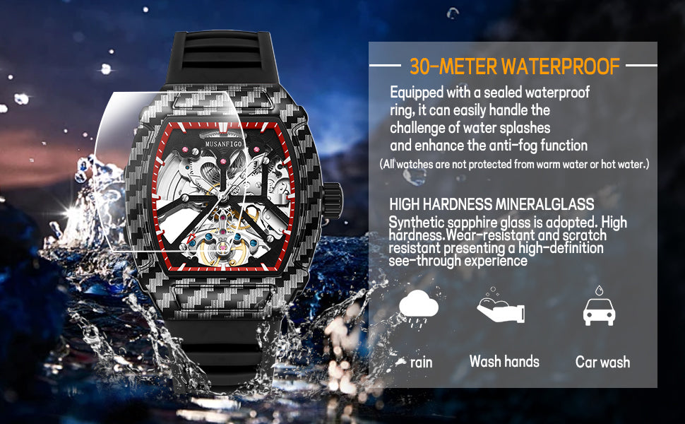 MUSANFIGO MF08 Tonneau Skeleton Watch – 1.85 Inch Automatic Mechanical Timepiece for Men, Silicone Strap