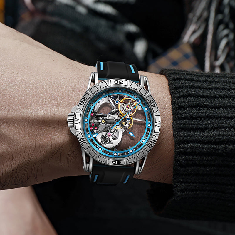 man wearing MUSANFIGO MG04 large skeleton dive watch - casual sports outfit for outdoor activities