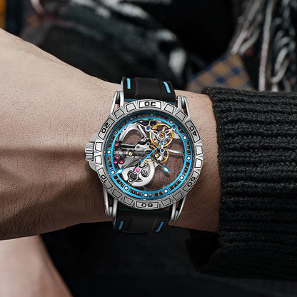 man wearing MUSANFIGO MG04 large skeleton dive watch - casual sports outfit for outdoor activities