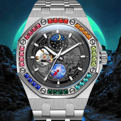 MUSANFIGO MG03 moon phase automatic watch for men - front view of 1.65 inch round case with moon phase subdial and multicolor bezel