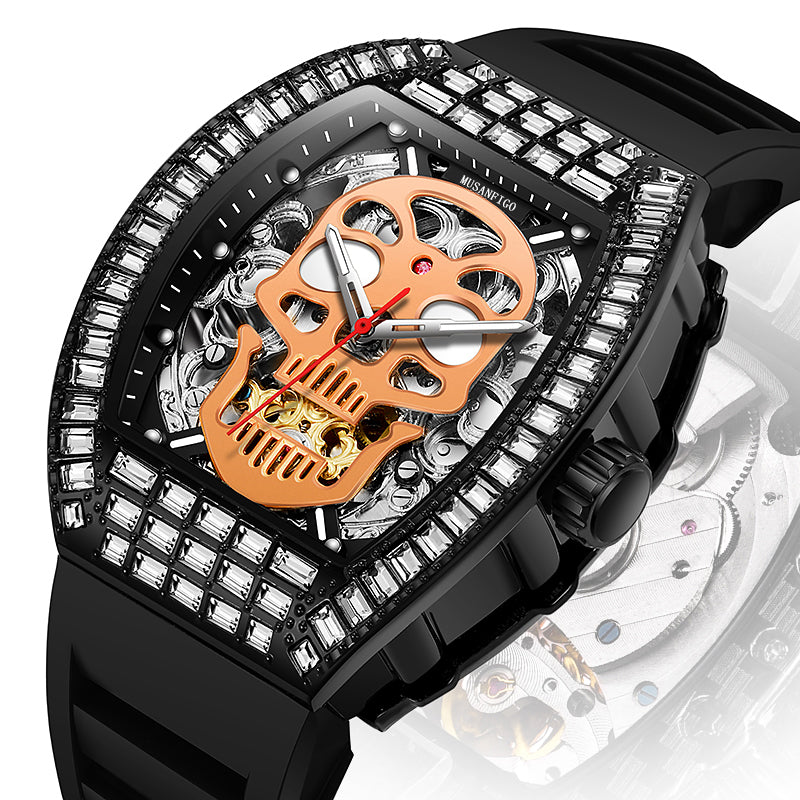 MUSANFIGO MF05 skull skeleton automatic watch for men - front view of large 2.24 inch case with skull design and exposed movement