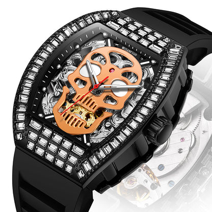 MUSANFIGO MF05 skull skeleton automatic watch for men - front view of large 2.24 inch case with skull design and exposed movement