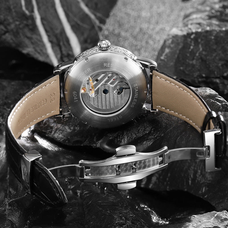 back case of MUSANFIGO MG02 skeleton watch - exhibition case back showing automatic movement