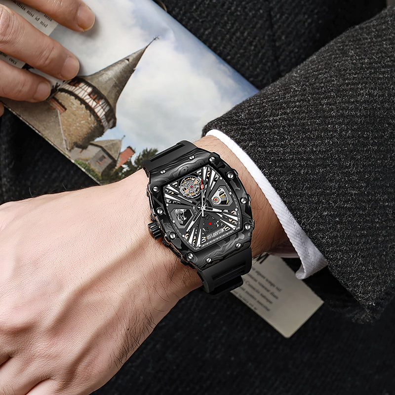 man wearing MUSANFIGO MF04 large tonneau skeleton watch - casual business outfit for daily wear