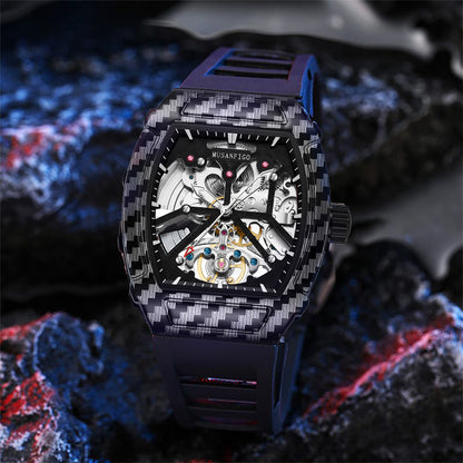 MUSANFIGO MF08 Tonneau Skeleton Watch – 1.85 Inch Automatic Mechanical Timepiece for Men, Silicone Strap