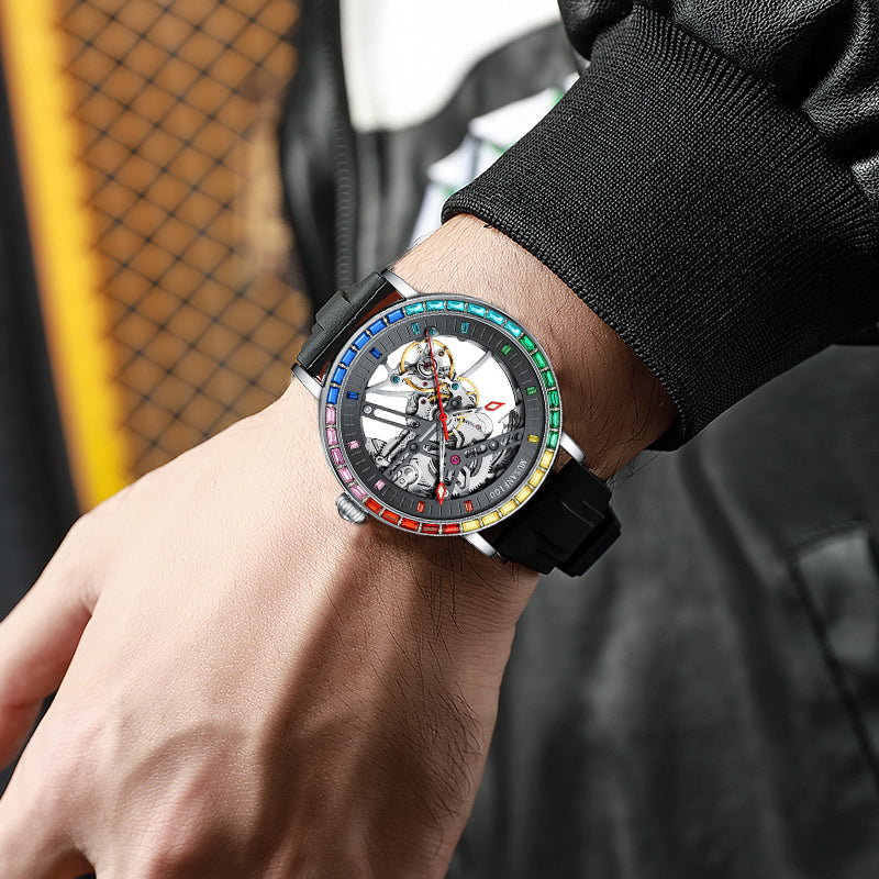 MUSANFIGO Round Automatic Skeleton Watch for Men MG01 – Rainbow Bezel Mechanical Timepiece, Stainless Steel Strap
