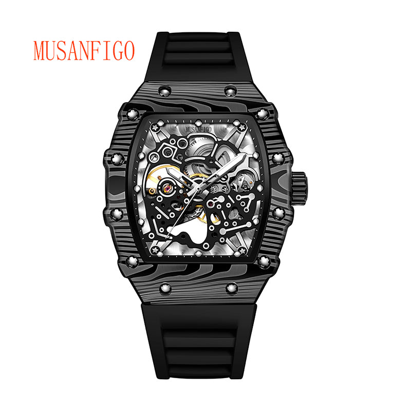 MUSANFIGO MF06 tonneau skeleton automatic watch for men - front view of large 2.16 inch case and exposed movement