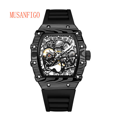 MUSANFIGO MF06 tonneau skeleton automatic watch for men - front view of large 2.16 inch case and exposed movement