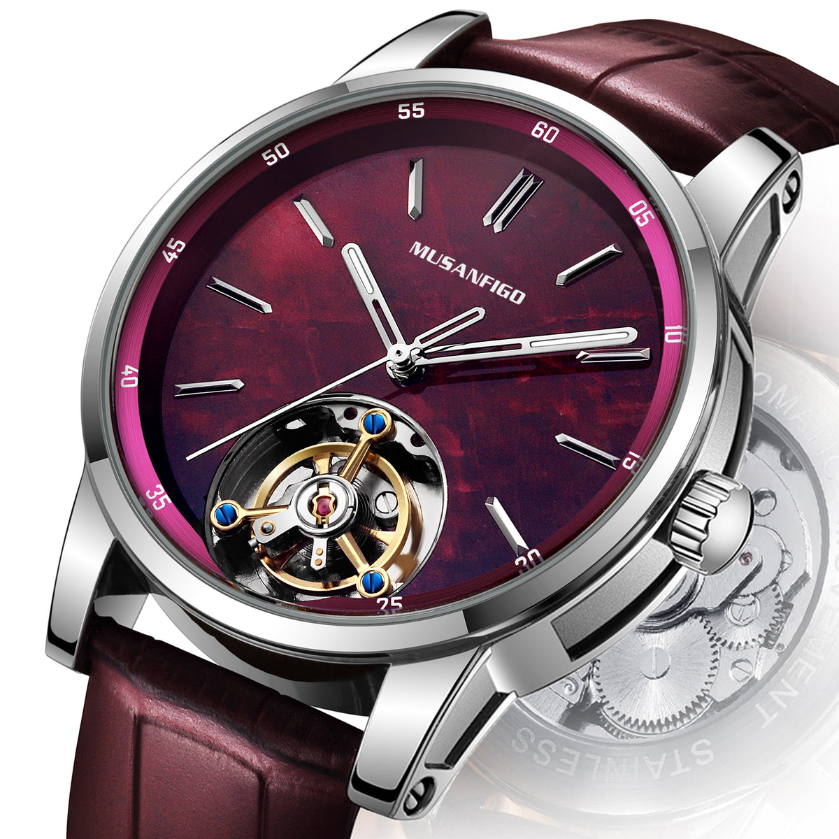 MUSANFIGO MG05 CATHEDRAL round skeleton automatic watch, burgundy dial with open balance wheel at 6 o'clock, stainless steel case and leather strap
