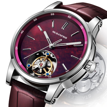 MUSANFIGO MG05 CATHEDRAL round skeleton automatic watch, burgundy dial with open balance wheel at 6 o'clock, stainless steel case and leather strap