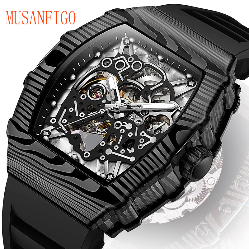 MUSANFIGO MF06 tonneau skeleton automatic watch for men - front view of large 2.16 inch case and exposed movement