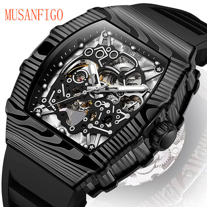 MUSANFIGO MF06 tonneau skeleton automatic watch for men - front view of large 2.16 inch case and exposed movement