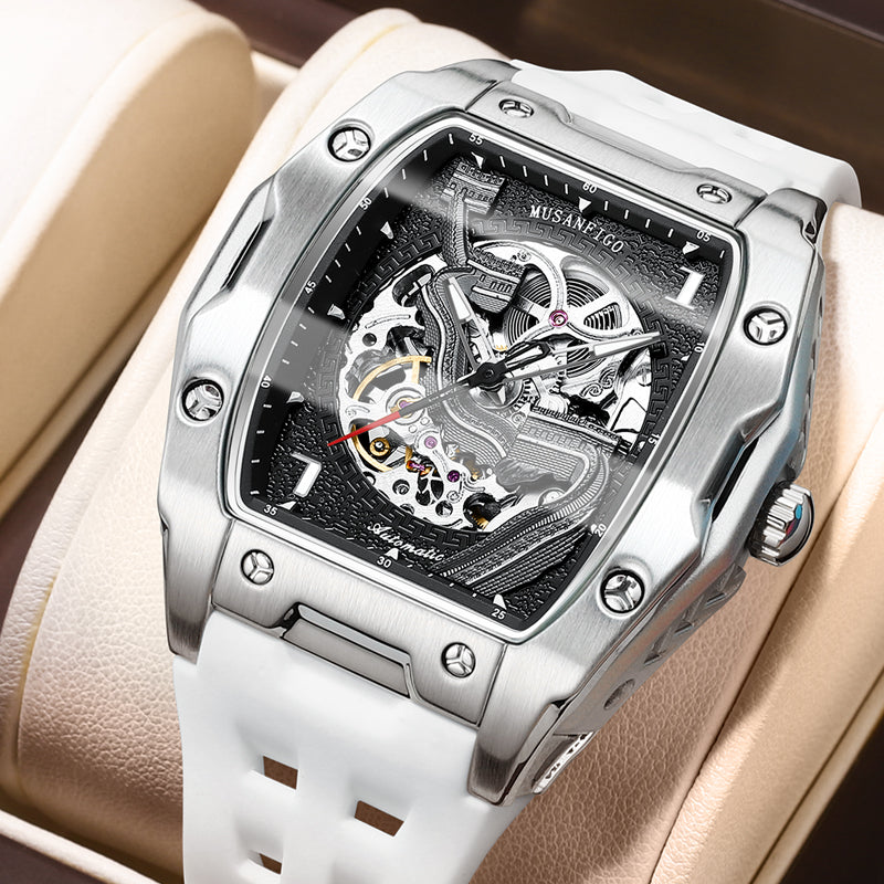 MUSANFIGO MF03 square tonneau skeleton automatic watch for men - front view of exposed movement and square case