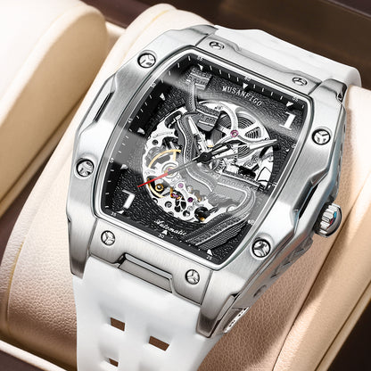 MUSANFIGO MF03 square tonneau skeleton automatic watch for men - front view of exposed movement and square case