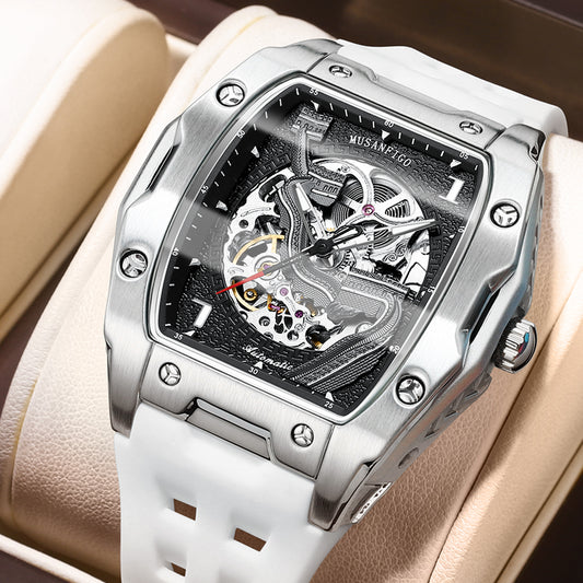 MUSANFIGO MF03 square tonneau skeleton automatic watch for men - front view of exposed movement and square case