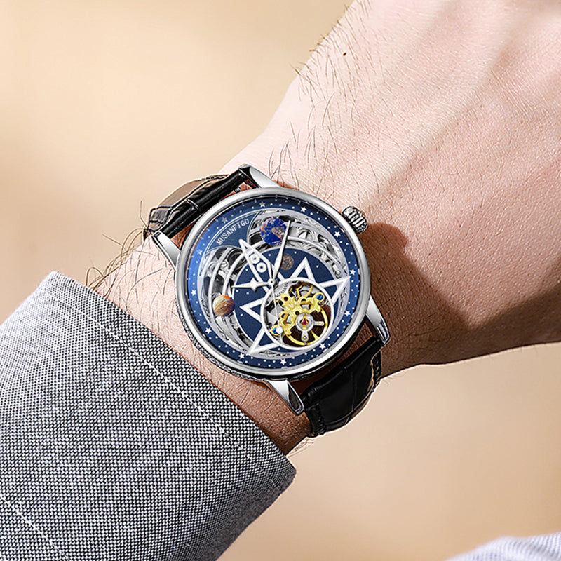 man wearing MUSANFIGO MG02 minimalist round skeleton watch - business casual outfit for daily wear