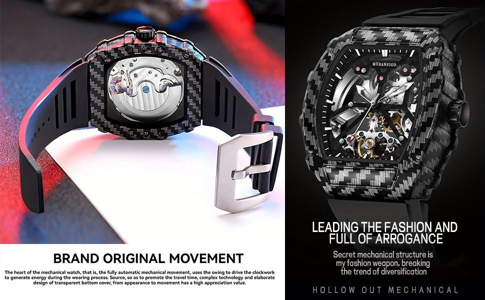 MUSANFIGO MF08 Tonneau Skeleton Watch – 1.85 Inch Automatic Mechanical Timepiece for Men, Silicone Strap