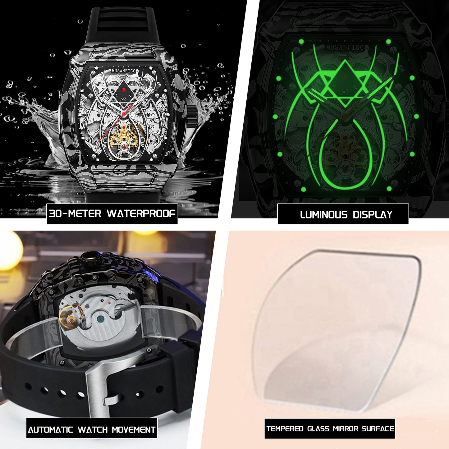 MUSANFIGO MF01 watch feature icons: 30-meter water resistant, luminous hands, automatic mechanical movement, and tempered glass mirror surface.