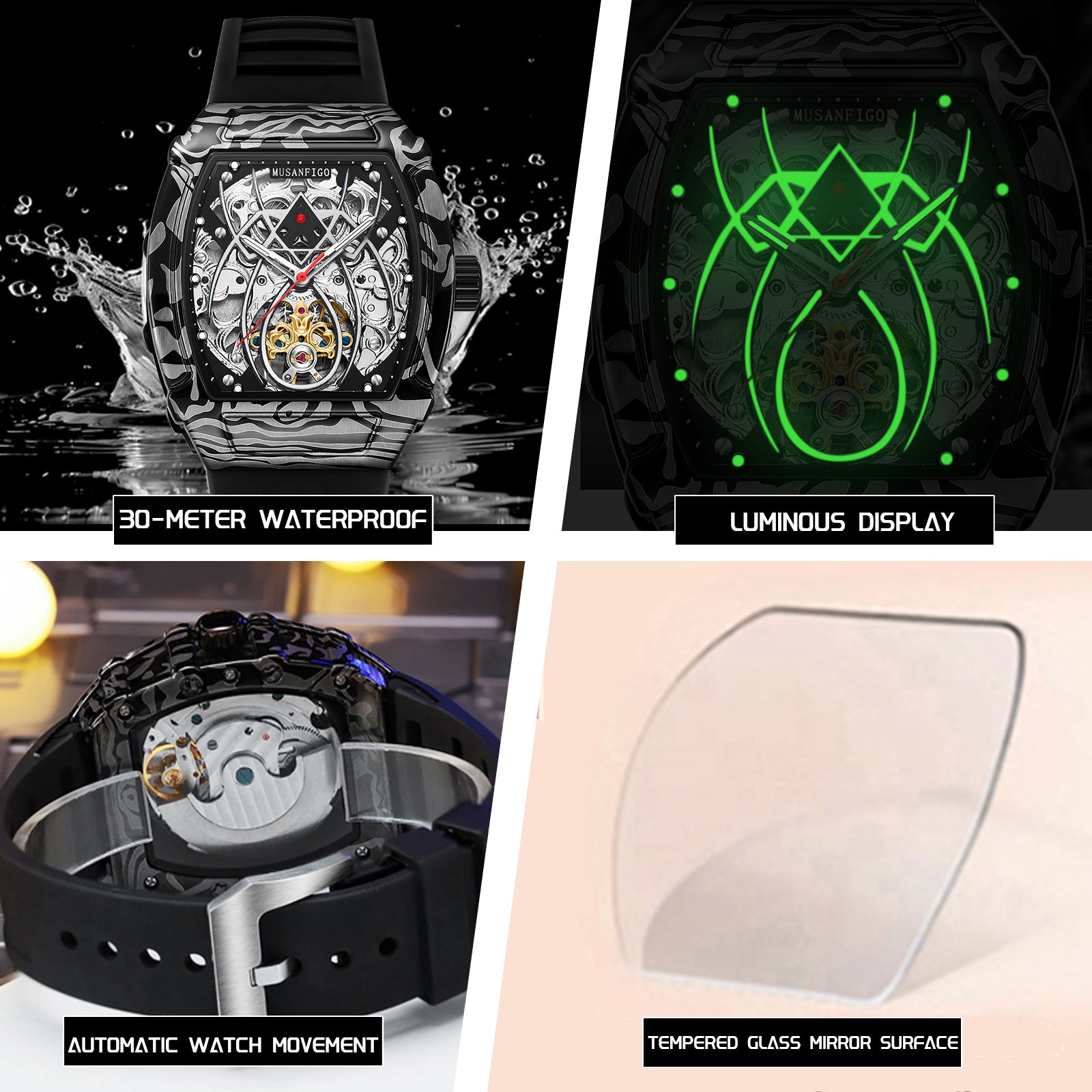 MUSANFIGO MF01 watch feature icons: 30-meter water resistant, luminous hands, automatic mechanical movement, and tempered glass mirror surface.