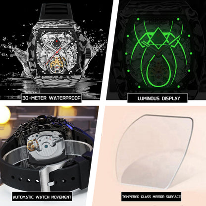 MUSANFIGO MF01 watch feature icons: 30-meter water resistant, luminous hands, automatic mechanical movement, and tempered glass mirror surface.