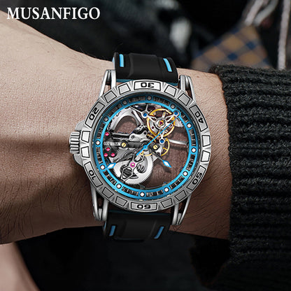 MUSANFIGO MG04 Skeleton Dive Watch – 2.55 Inch Large Automatic Mechanical Sports Watch for Men, Silicone Strap