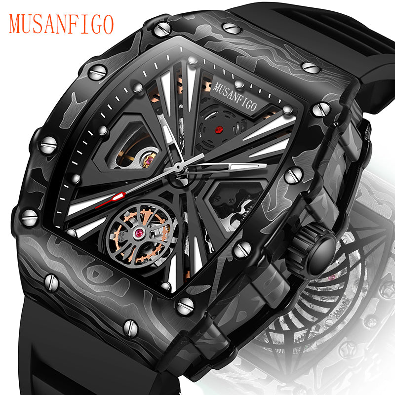 MUSANFIGO MF04 tonneau skeleton automatic watch for men - front view of large 2.2 inch case and exposed movement