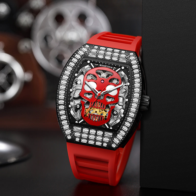 MUSANFIGO MF05 skull skeleton automatic watch for men - front view of large 2.24 inch case with skull design and exposed movement