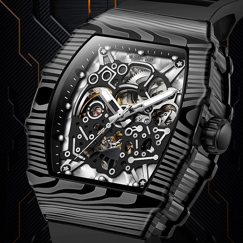 close up of MF06 skeleton dial revealing automatic gears - large tonneau-shaped mechanical sports watch