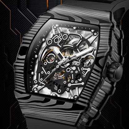 close up of MF06 skeleton dial revealing automatic gears - large tonneau-shaped mechanical sports watch
