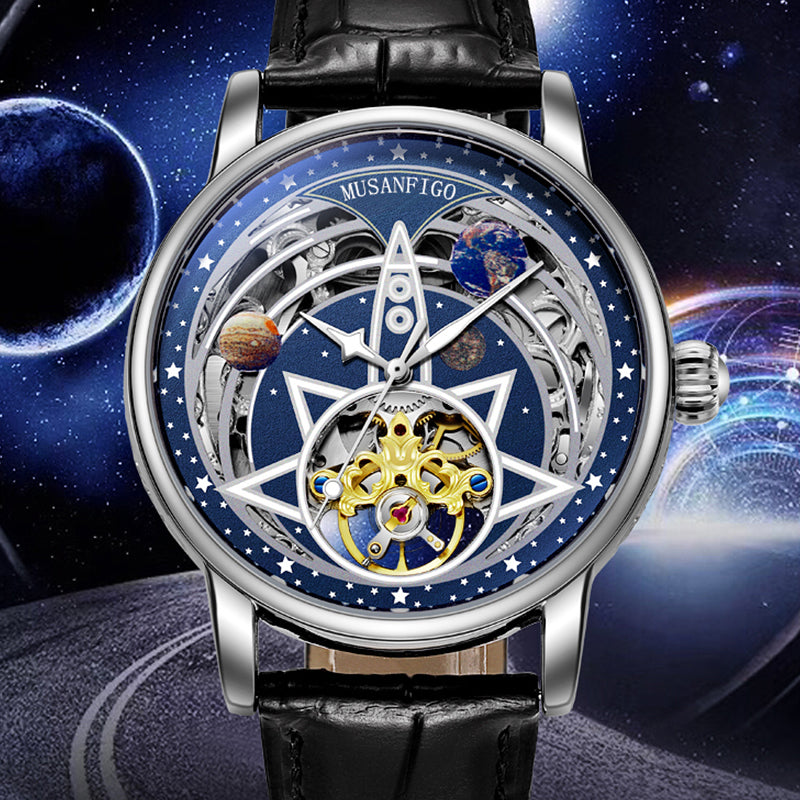 close up of MG02 clean skeleton dial revealing automatic gears - understated round mechanical watch