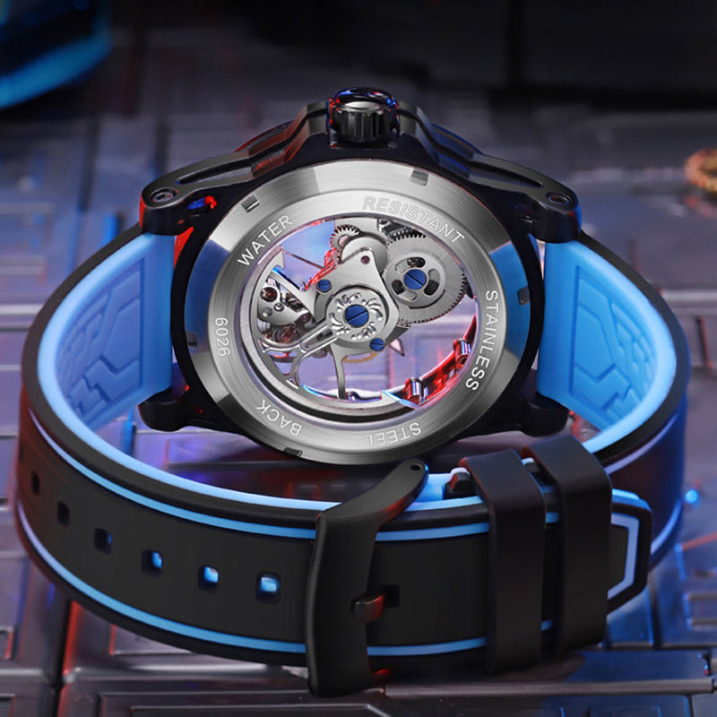 back case of MUSANFIGO MG04 skeleton dive watch - exhibition case back showing automatic movement