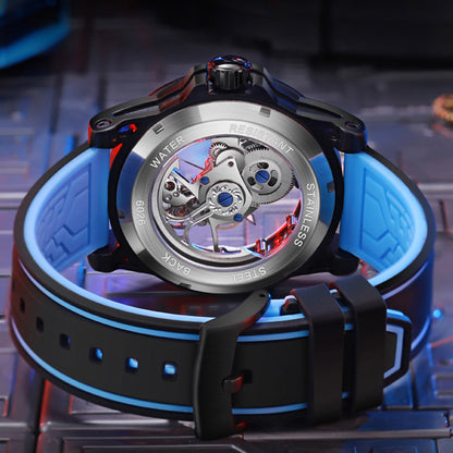 back case of MUSANFIGO MG04 skeleton dive watch - exhibition case back showing automatic movement