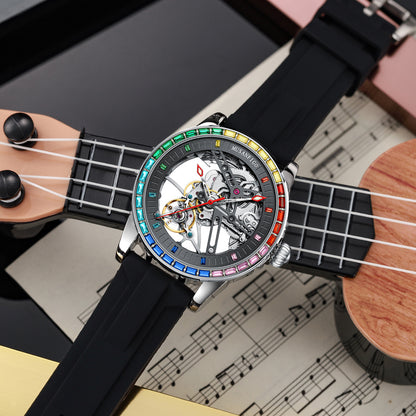 man wearing MUSANFIGO MG01 rainbow bezel skeleton watch with suit and white shirt - wrist shot