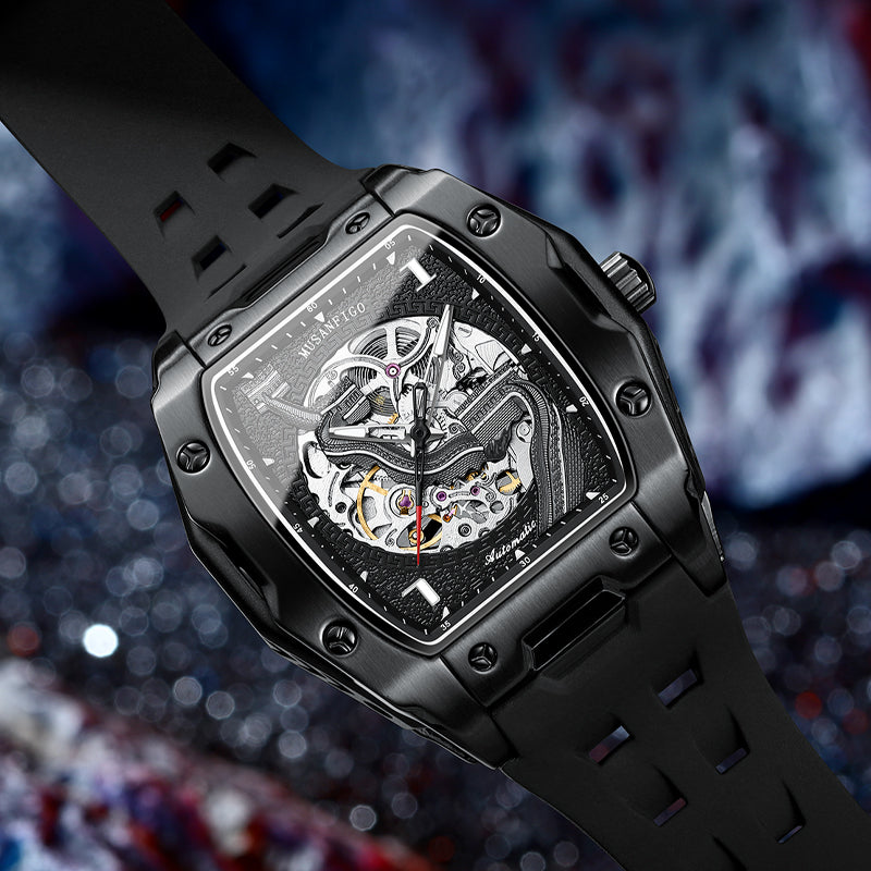 close up of MF03 skeleton dial revealing automatic gears - square-shaped mechanical sports watch