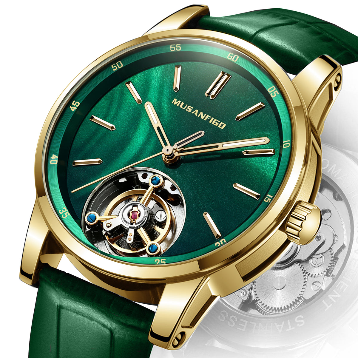 MUSANFIGO MG05 CATHEDRAL round skeleton automatic watch, burgundy dial with open balance wheel at 6 o'clock, stainless steel case and leather strap