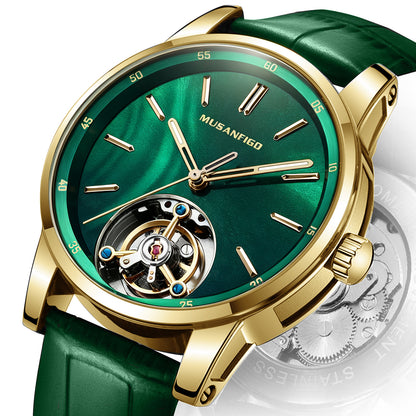 MUSANFIGO MG05 CATHEDRAL round skeleton automatic watch, burgundy dial with open balance wheel at 6 o'clock, stainless steel case and leather strap
