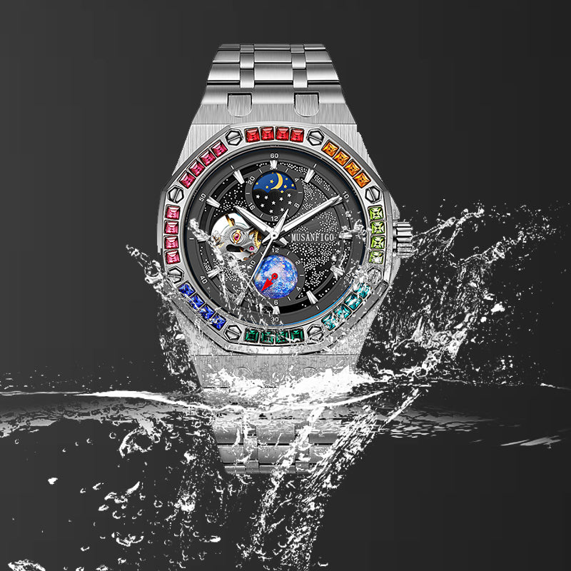 MUSANFIGO MG03 Moon Phase Automatic Watch – 1.65 Inch Round Mechanical Timepiece for Men, Stainless Steel Strap