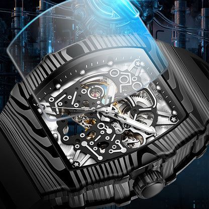 MUSANFIGO MF06 Tonneau Skeleton Watch – 2.16 Inch Large Automatic Mechanical Timepiece for Men, Carbon Fiber Pattern, Silicone Strap